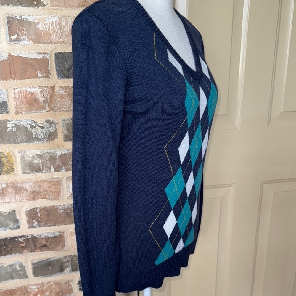 Navy Preppy Argyle Sweater Cotton Wool Angora Blend Ribbed Trim Academia Chic - Picture 9 of 10